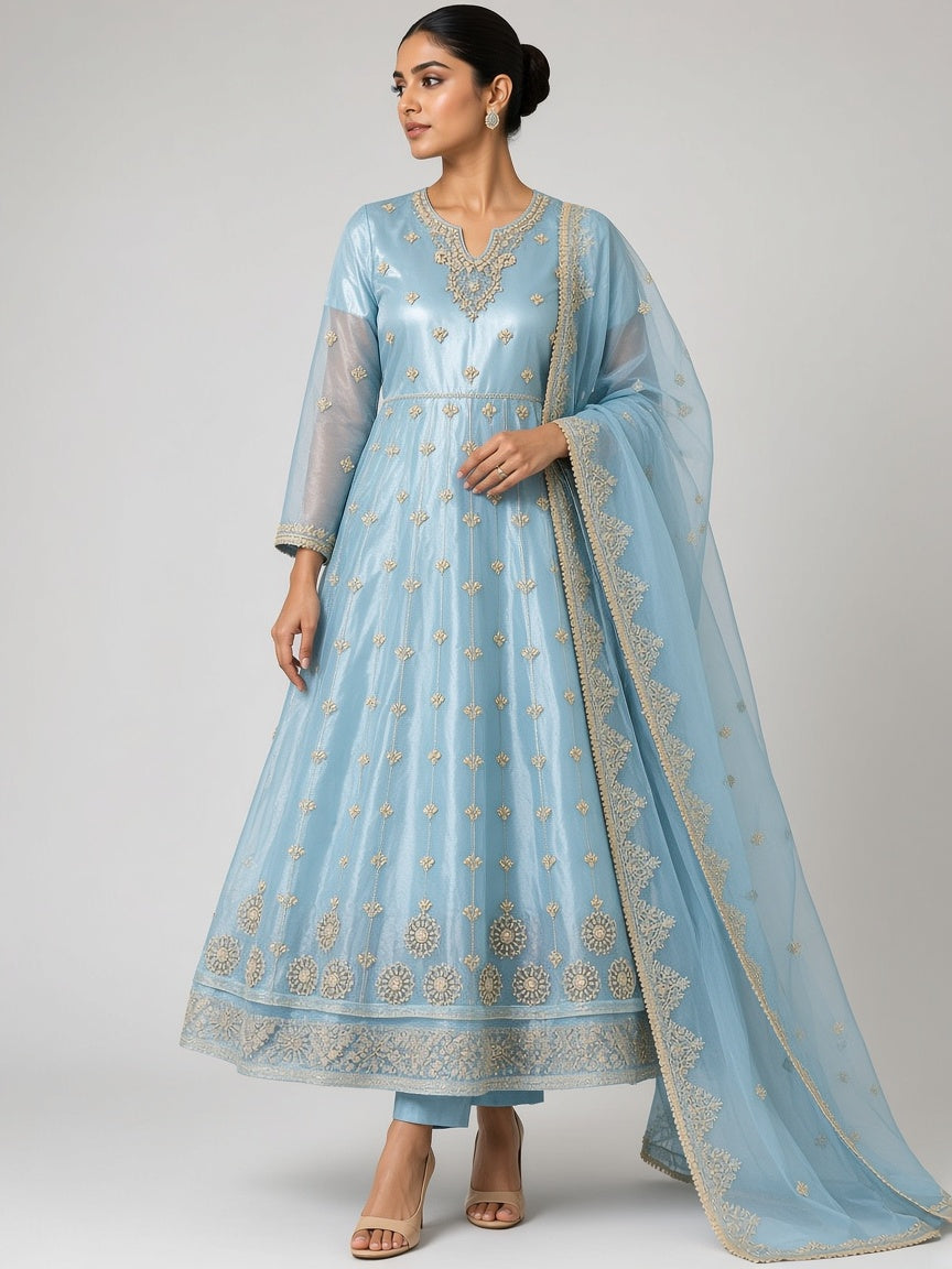 Sky blue organza anarkali suit fashion pose - ABR Fashion