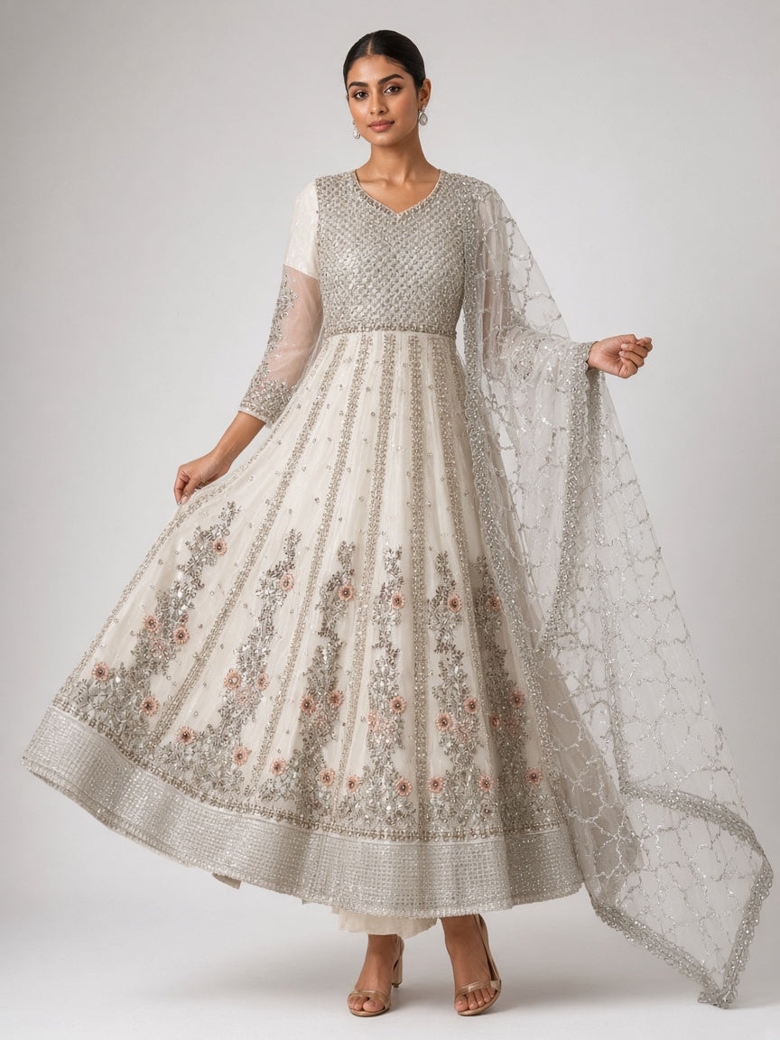 Ivory white sequin anarkali suit standing look - ABR Fashion