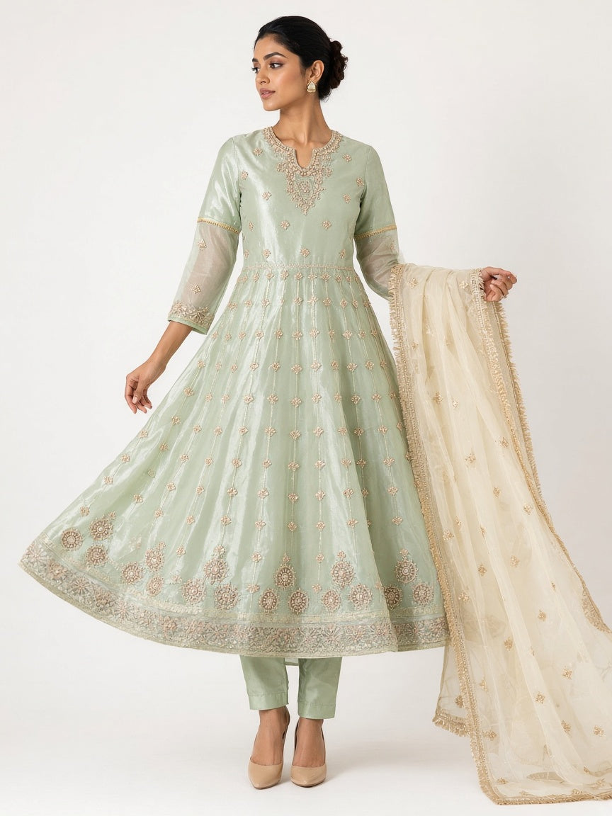 Mint green organza anarkali suit fashion pose - ABR Fashion