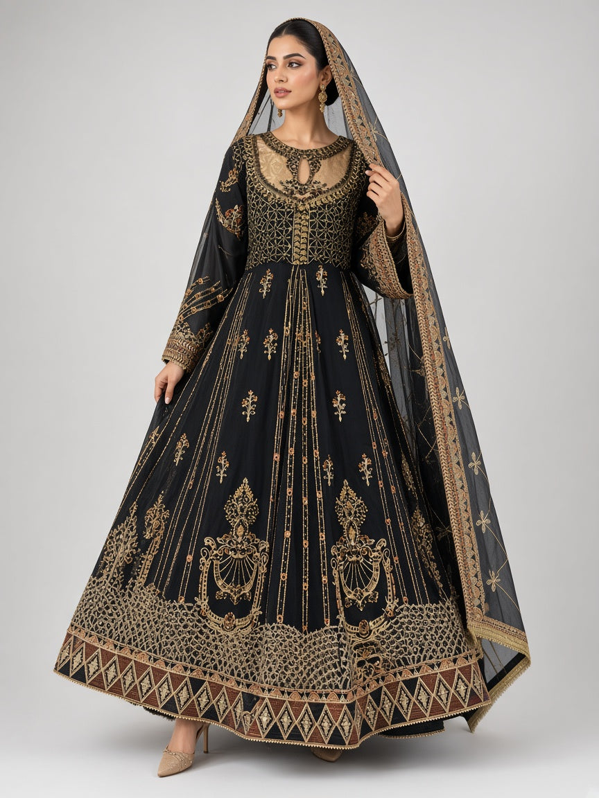 Black formal heavy embroidered anarkali fashion pose - ABR Fashion