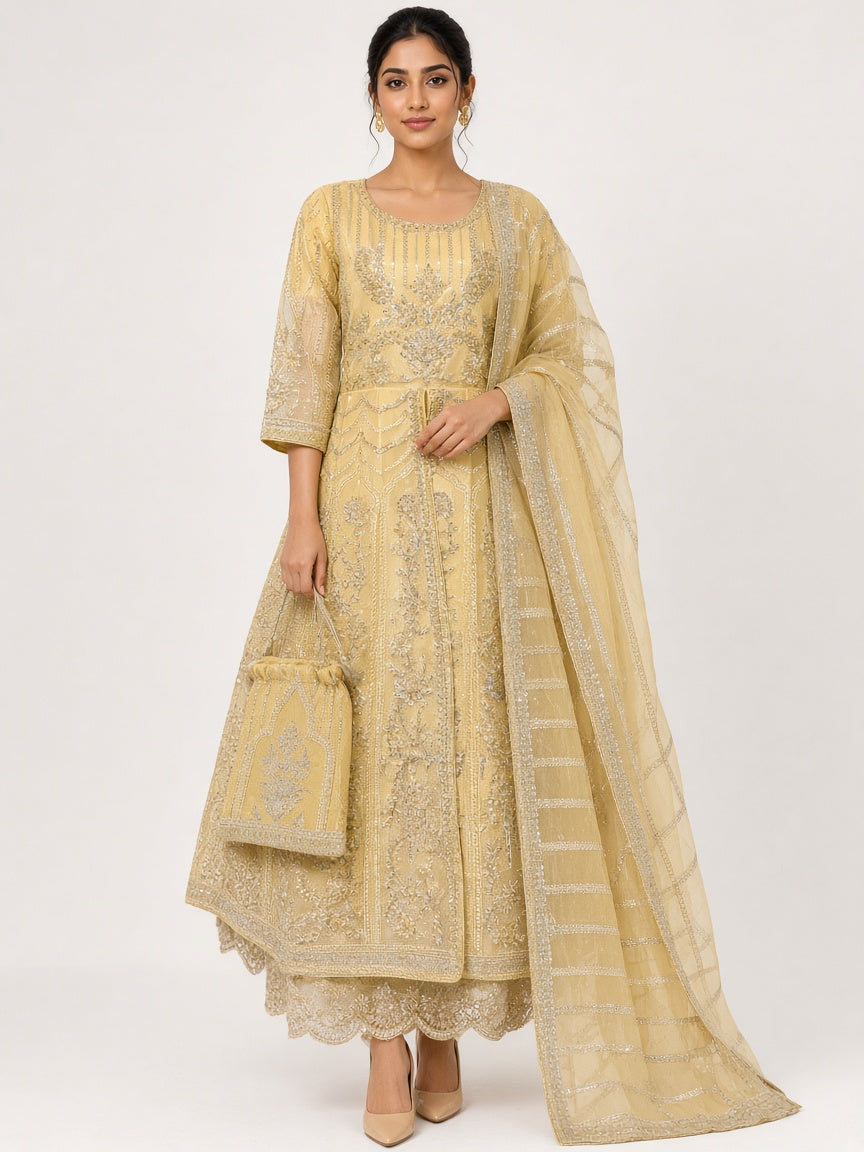 Lemon yellow sequin anarkali suit standing look - ABR Fashion