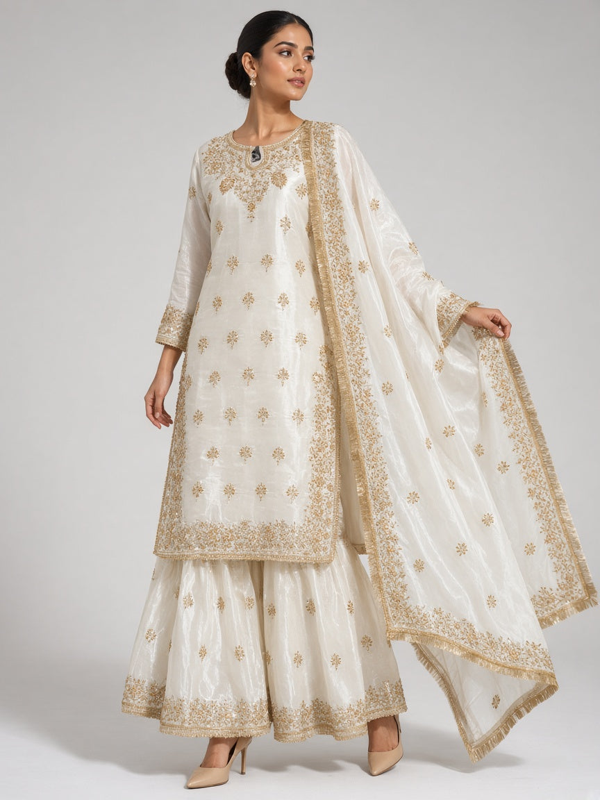 Ivory tissue silk sharara suit fashion pose - ABR Fashion