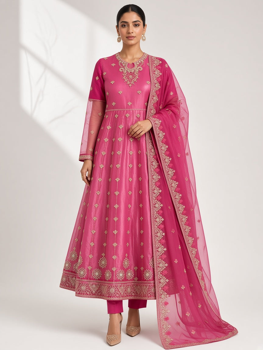Hot pink organza anarkali suit standing look - ABR Fashion