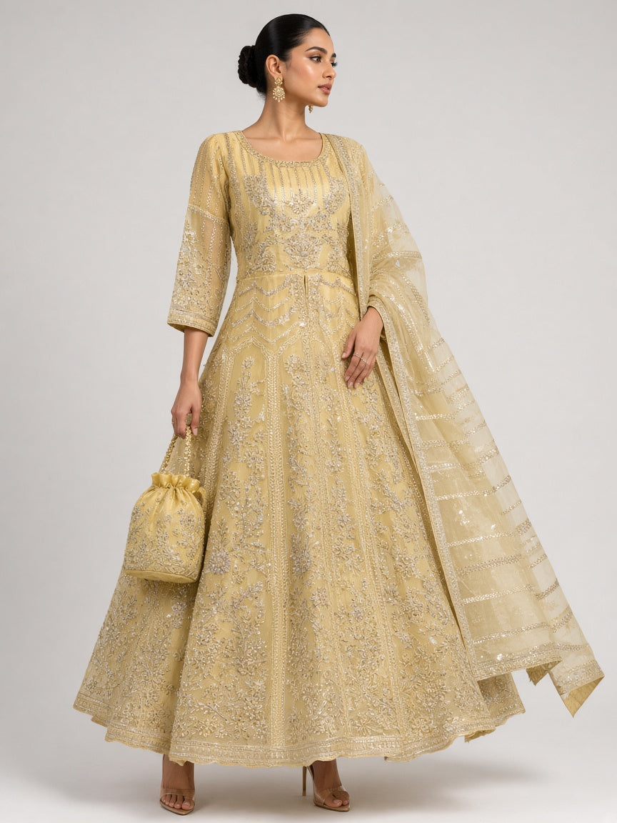 Lemon yellow sequin anarkali suit fashion pose - ABR Fashion