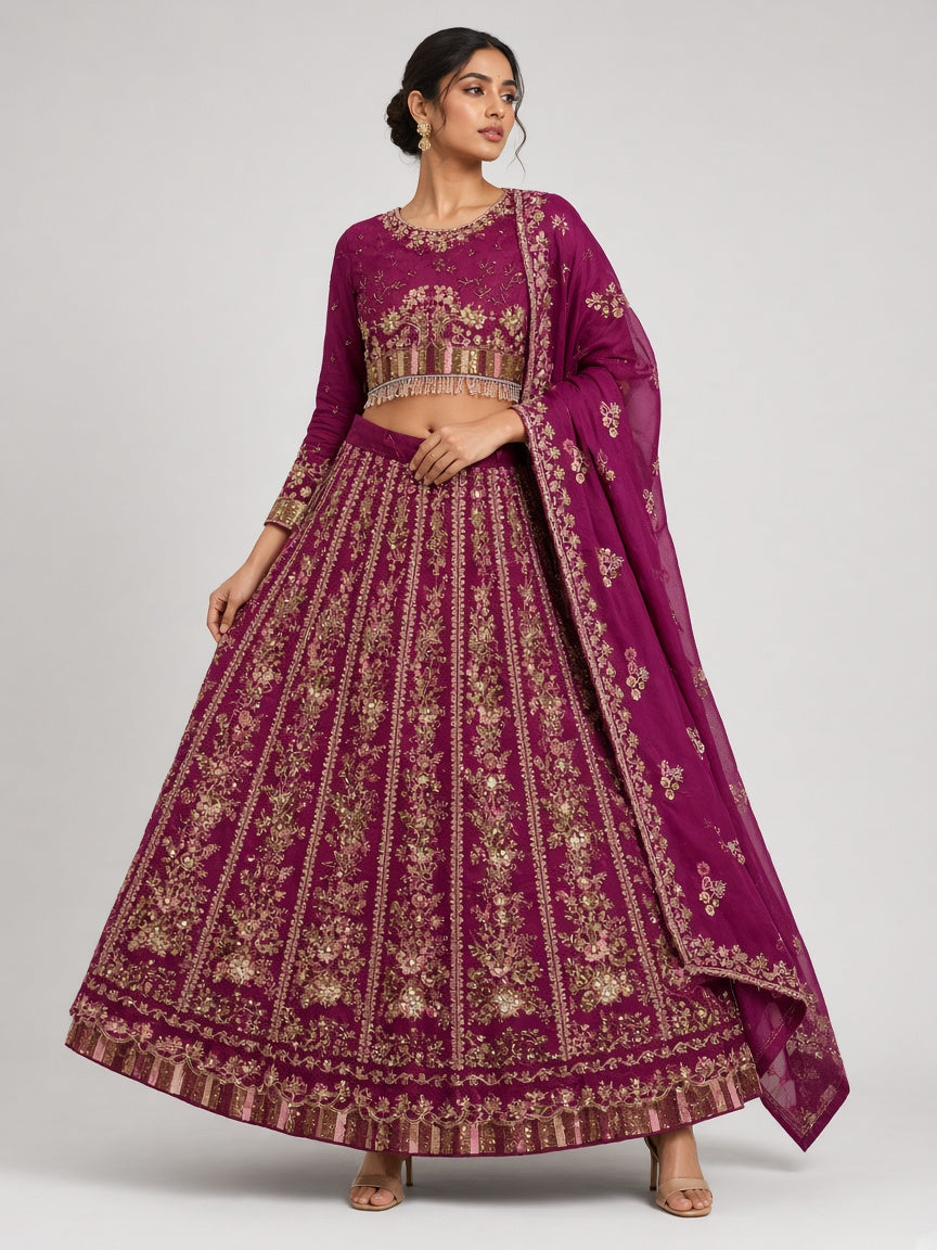 Magenta embroidered lehenga set fashion pose - ABR Fashion