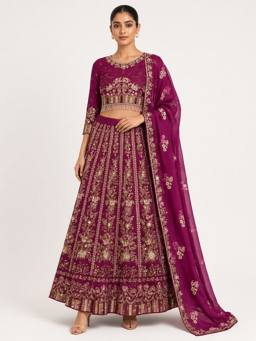 Magenta embroidered lehenga set standing look - ABR Fashion