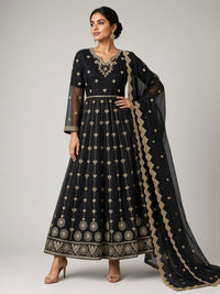 Black gold embroidered anarkali suit fashion pose - ABR Fashion
