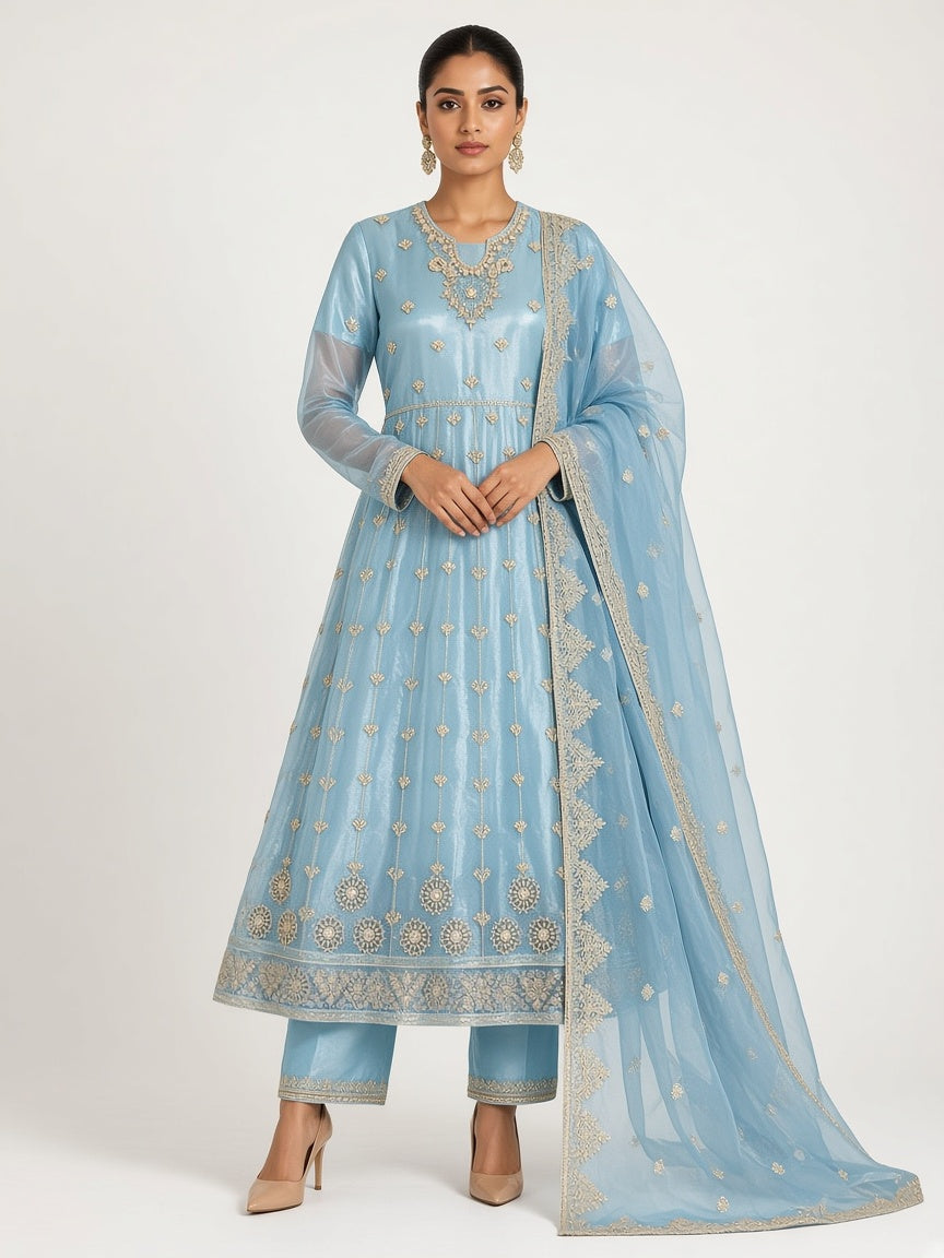 Sky blue organza anarkali suit standing look - ABR Fashion