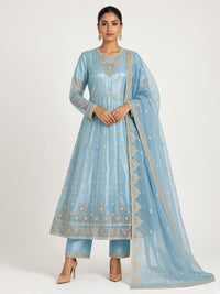 Sky blue organza anarkali suit standing look - ABR Fashion
