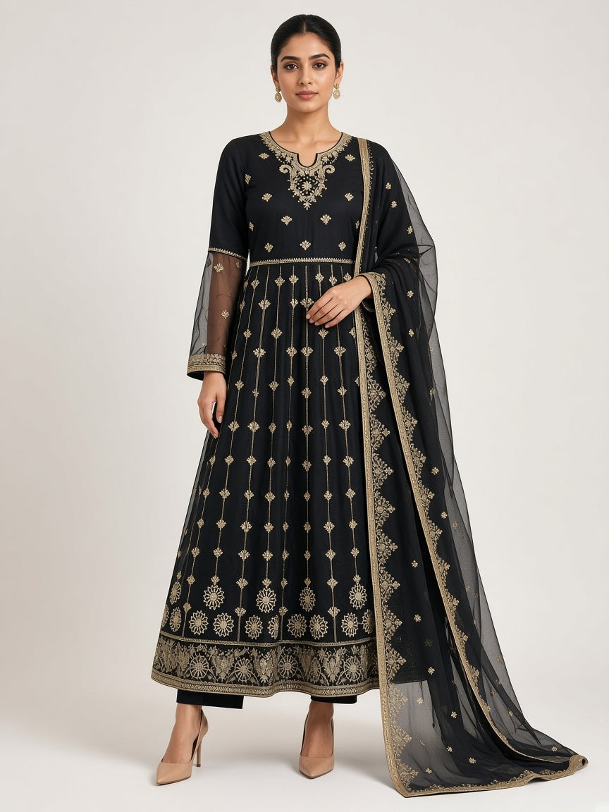 Black gold embroidered anarkali suit standing look - ABR Fashion