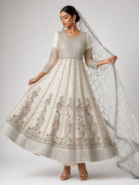 Ivory white sequin anarkali suit fashion pose - ABR Fashion