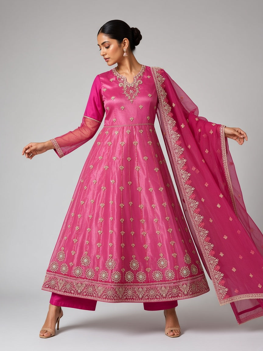 Hot pink organza anarkali suit fashion pose - ABR Fashion
