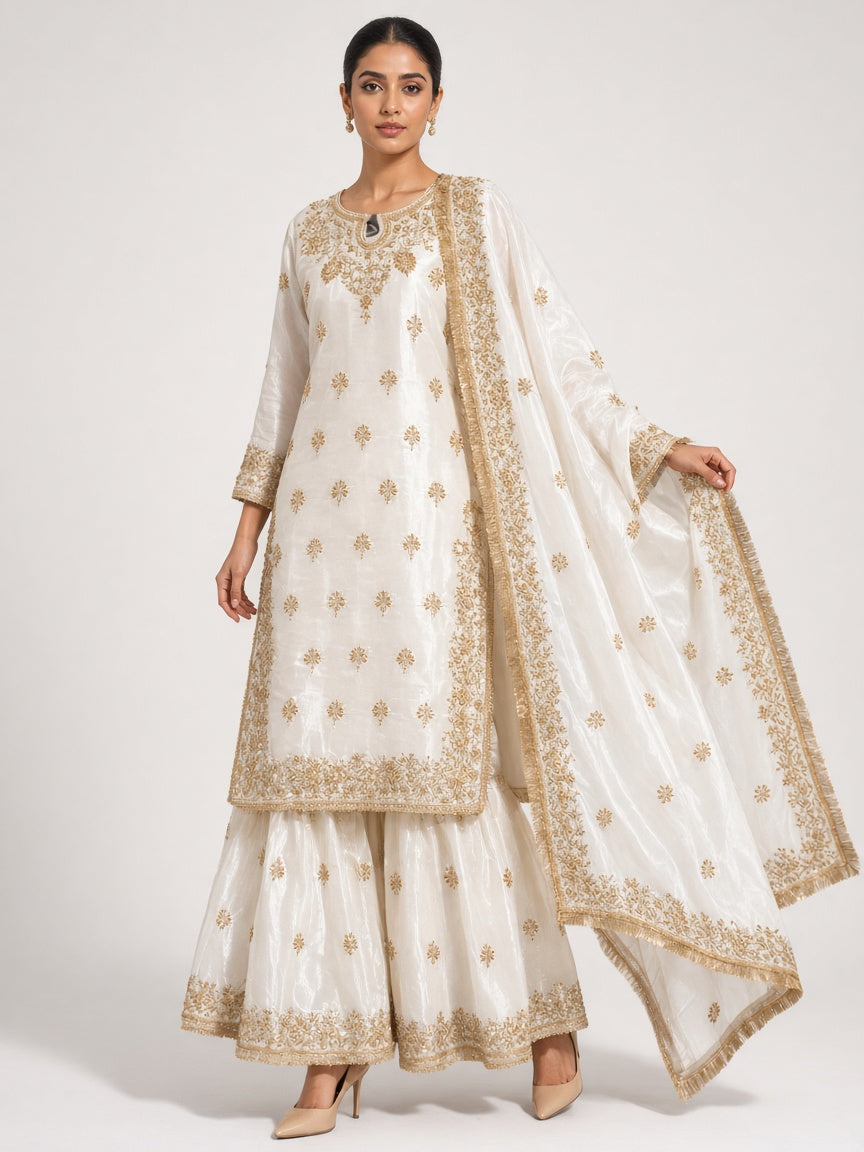 Ivory tissue silk sharara suit standing look - ABR Fashion
